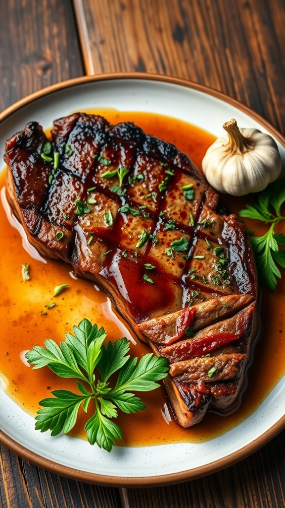 A mouthwatering garlic butter herb steak garnished with herbs and garlic, on a wooden table.